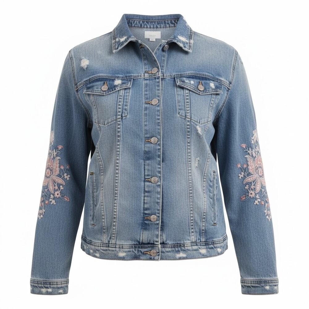American Eagle Women's XL Distressed Denim Jacket Embroidered Floral Sleeves
